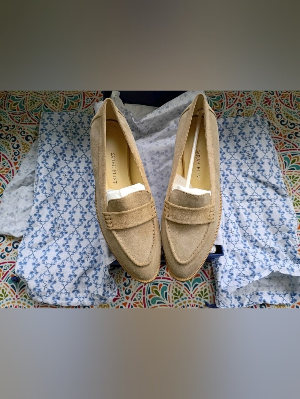 NWT Sarah Flint Judy Suede Slip On Almond Toe Loafer Desert Tan Crosta US 7.5